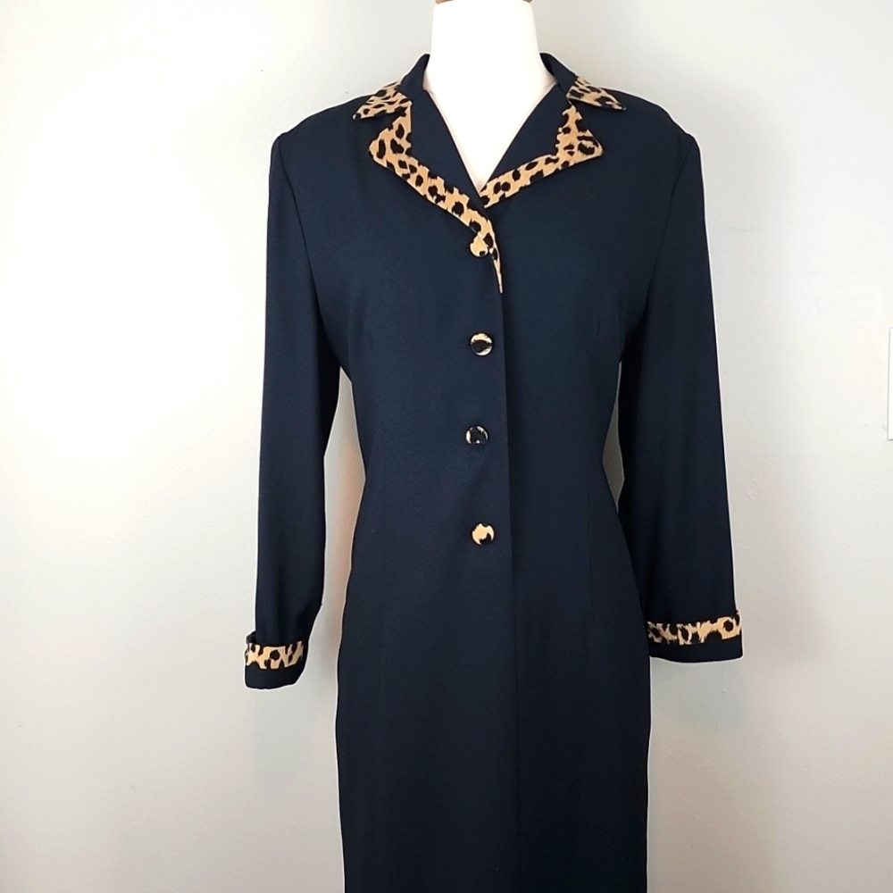 VINTAGE Henry Lee Black Suit Style Dress with Leopard Contrast